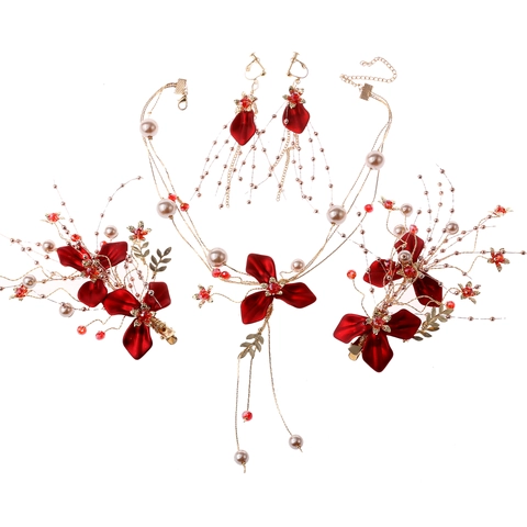 Set di Fermagli per Capelli e Orecchini con Fiori Rossi per Matrimonio Stile Cinese Lega Strass Perla Artificiale Gioielli Sposa Donna Festa