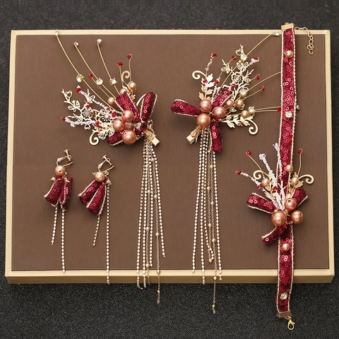 Combinazione Gioielli Matrimonio Cinese Clip Capelli Farfalla Paillettes Rosse Collana Orecchini Lega Perla Artificiale Strass Accessori Sposa
