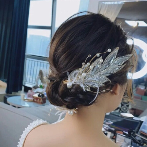 Fermaglio per Capelli da Sposa Fatto a Mano con Piume e Foglie Perle Artificiali Elegante Accessorio per Capelli Matrimonio Donna