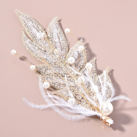 Fermaglio per Capelli da Sposa Fatto a Mano con Piume e Foglie Perle Artificiali Elegante Accessorio per Capelli Matrimonio Donna