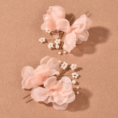 Bridal Artificial Pearl Flower Hair Stick U-shaped Hairpin Organza Flower Hair Jewelry For Women Wedding Banquet Party Elegant Accessory