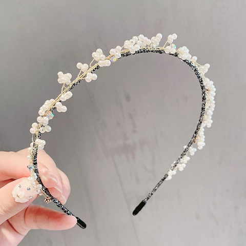 Handcrafted Artificial Pearl Cluster Beaded Headband With Rhinestones Elegant Korean Style Hair Band For Women Wedding Jewelry