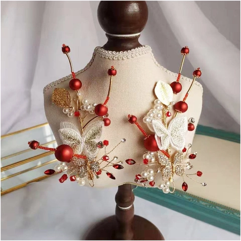 Fermagli per Capelli Sposa con Farfalla Ricamata Rosso Oro Lega Perla Artificiale Strass Stile Cinese Accessori Capelli