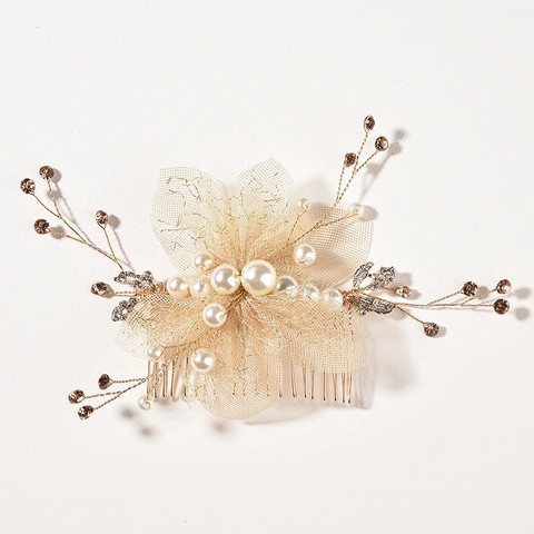 Elegante Pettine per Capelli da Sposa in Lega Dorata Con Perle Artificiali Strass Fiori in Maglia Foglie Donna Gioielli