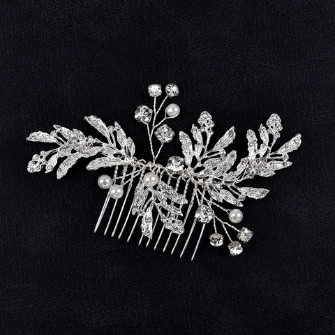 Pettine per Capelli Sposa in Lega con Foglie Fatto a Mano Perla Artificiale Strass Copricapo Elegante Matrimonio Gioielli per Capelli