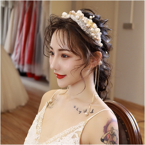 Cerchietto Sposa Retro Künstliche Perle Paillettes Elegante Nappina Pizzo Fascia per Matrimonio Festa Foto Donna Accessori Capelli