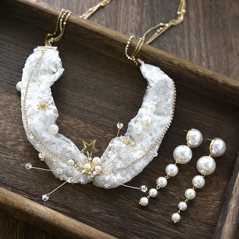Fascia per Capelli da Sposa in Pizzo a Rete Con Stella Dorata Paillettes Orecchini di Perle Artificiali Eleganti Accessori per Capelli Matrimonio Donna