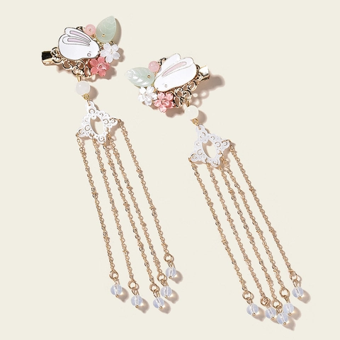Fermaglio per Capelli con Coniglio e Fiori in Lega in Stile Cinese con Lunghe Nappe per Ragazze Hanfu Accessori per Bambini