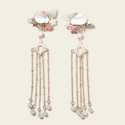 Fermaglio per Capelli con Coniglio e Fiori in Lega in Stile Cinese con Lunghe Nappe per Ragazze Hanfu Accessori per Bambini