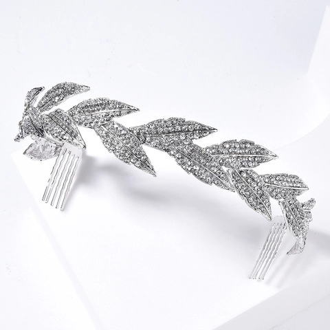 Elegante Peine de Pelo de Novia de Aleación de Plata con Diseño de Hoja de Diamante de Imitación Diadema de Boda para Mujeres Joyería