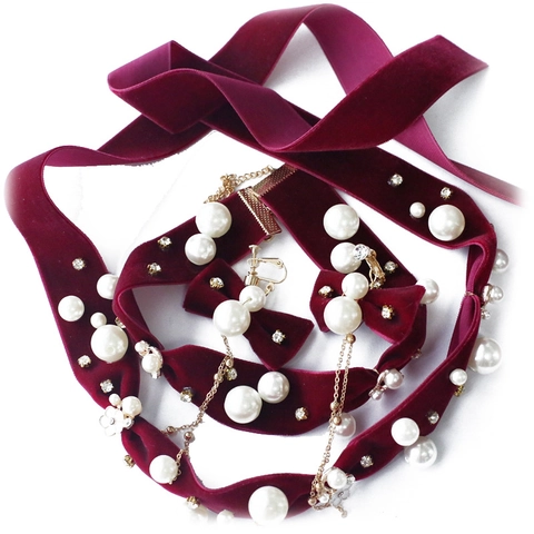 Vintage Burgundy Velvet Bridal Jewelry Set With Artificial Pearl Rhinestone Bow Headband Choker Necklace And Tassel Ear Clips For Women