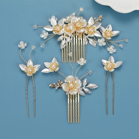 Accessori per Capelli da Sposa Fatti a Mano in Lega d'Oro Foglie Perla Artificial Fiore Pettini E Forcine per Matrimonio Festa Donna