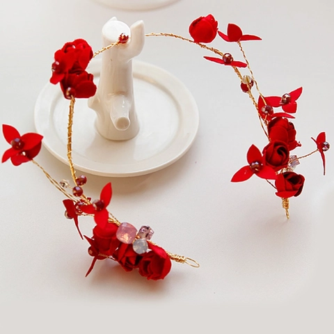 Cerchietto Sposa Fatto a Mano Fiori di Stoffa Rosa Rossa Filo d'Oro Strass Cristallo Copricapo per Matrimonio Festa Donna Ragazze Gioielli