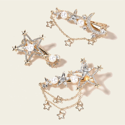 Fermagli per Capelli Vintage in Lega d'Oro con Stella e Luna con Nappina in Strass di Künstliche Perle Sintetiche Eleganti Forcine da Sposa per Donna
