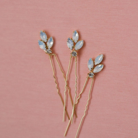 Braut Haarnadeln Gold Legierung Blatt U Förmige Haarstäbe Opal Glas Strass Hochzeit Zubehör Für Damen Party Kopfschmuck