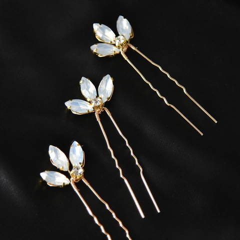 Braut Haarnadeln Gold Legierung Blatt U Förmige Haarstäbe Opal Glas Strass Hochzeit Zubehör Für Damen Party Kopfschmuck