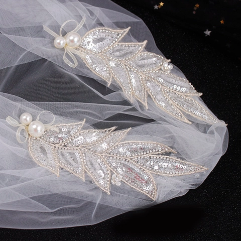 Velo de Novia de Doble Capa Estilo Coreano Vintage Bordado Hoja Encaje Perla Artificial Strass Elegante Tul Hada