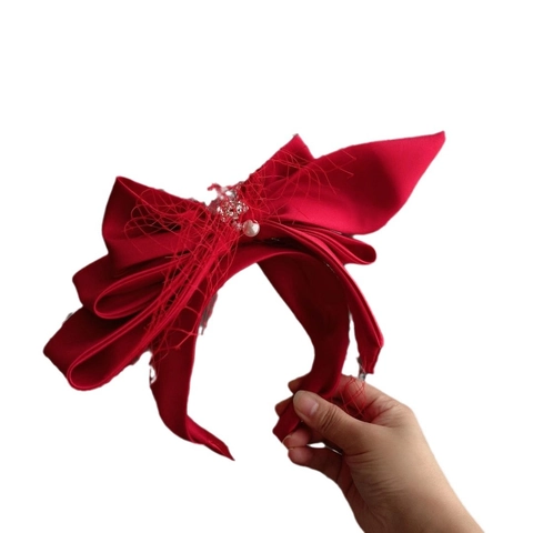 Elegant Satin Bow Headband With Mesh Veil Artificial Pearl Rhinestone Bridal Wedding Hair Accessories For Women Party Dress