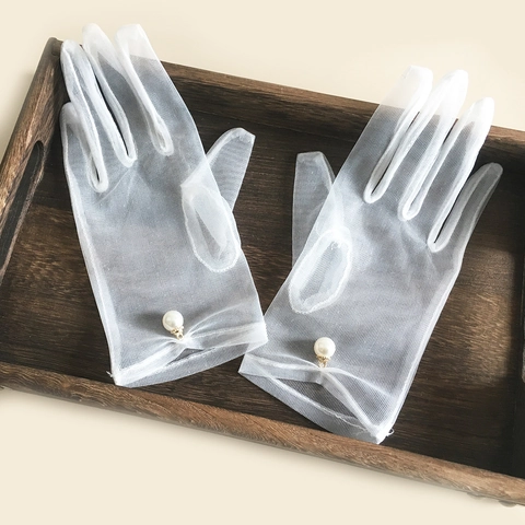 Guantes Elegantes de Gasa de Red Blanca Translúcida para Mujer Accesorio de Boda Decoración de Perla Artificial Guantes Cortos