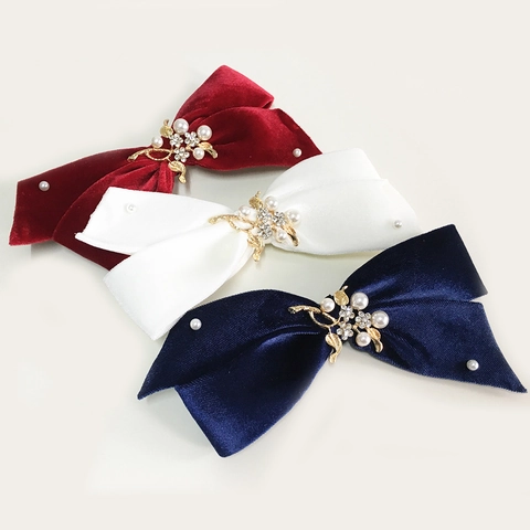 Pinza para el Cabello de Lazo de Terciopelo Vintage Con Perla Artificial Strass Hoja Dorada Accesorios para Boda Mujer