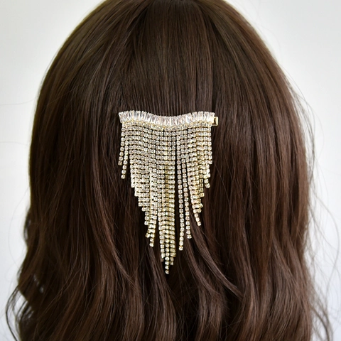 Fermaglio per Capelli con Nappa per Matrimonio Sposa Lussuoso Zirconia Strass Oro Argento Lega Forcina Elegante Accessorio