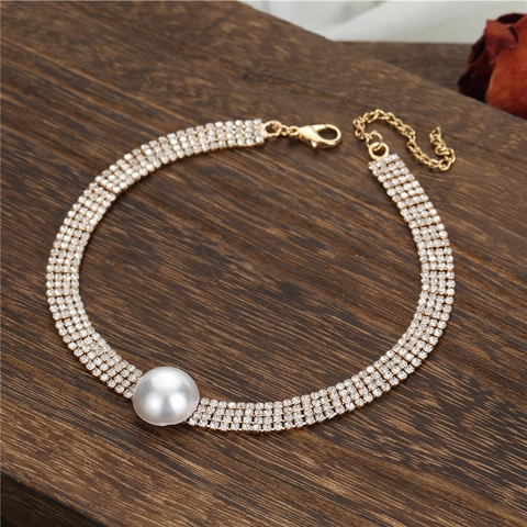 Elegante Mehrreihige Strass Choker Halskette Mit Künstliche Perlenanhänger Vergoldet Braut Hochzeit Party Schmuck Für Damen