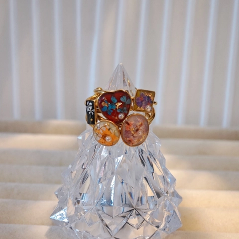Handmade Stainless Steel Resin Dried Flower Ring For Women Vintage Gold Foil Inlaid Adjustable Flower Finger Jewelry