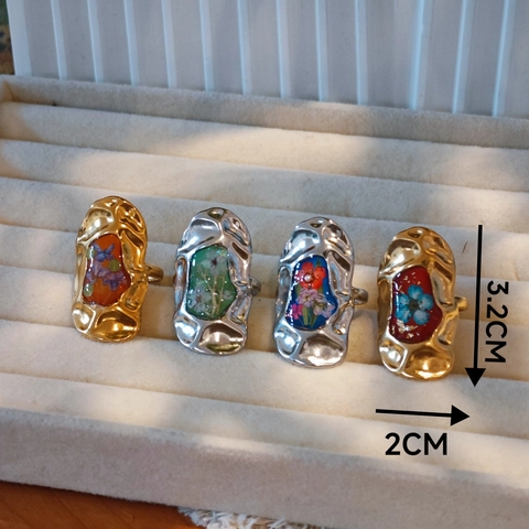 Anello Aperto in Acciaio Inossidabile Vintage con Fiore Pressato a Mano Resina per Donna Anello a Fascia Artistico Regolabile
