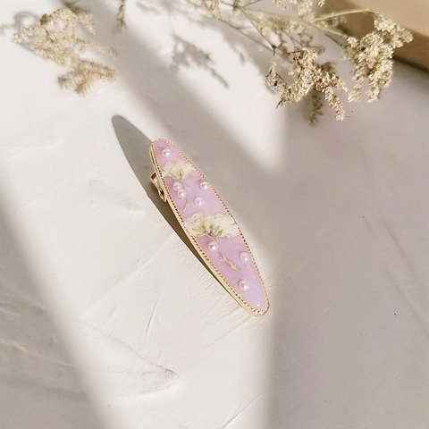 Fermaglio per Capelli in Resina con Fiori Secchi Fatti a Mano e Perla Artificiale Elegante Fermaglio in Metallo Dorato per Donna