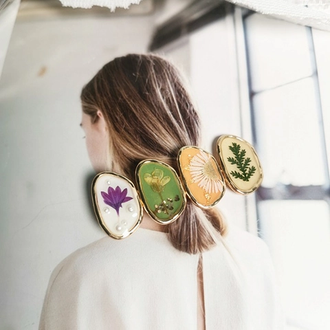 Fermaglio per Capelli Fatto a Mano in Lega di Resina Con Fiori Secchi Veri e Perle Artificiali Stile Foresta Becco di Clarinetto Donna