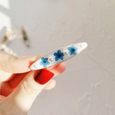 Fermaglio per Capelli in Resina con Fiori Secchi Fatto a Mano Perla Artificiale Oro Lega Becco d'Anatra Donna Gioielli