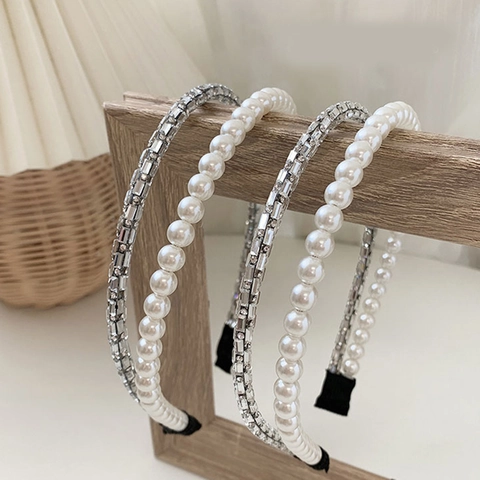 Diadema Elegante de Doble Fila con Perlas Artificiales y Diamantes de Imitación Accesorios para Cabello de Novia Moda Coreana Para Mujer