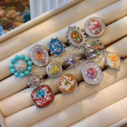 Vintage Stainless Steel Ring Real Dried Flower Resin Band Morandi Style Floral Jewelry For Women Adjustable Handmade Gift