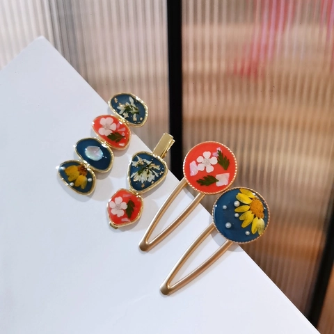 Vintage Korean Style Dried Flower Resin Hair Clip Alloy Gold Plated Handmade Floral Duckbill Side Clip Hair Accessories