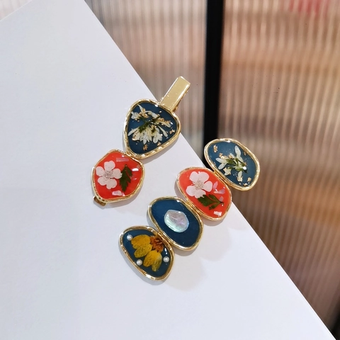 Vintage Korean Style Dried Flower Resin Hair Clip Alloy Gold Plated Handmade Floral Duckbill Side Clip Hair Accessories