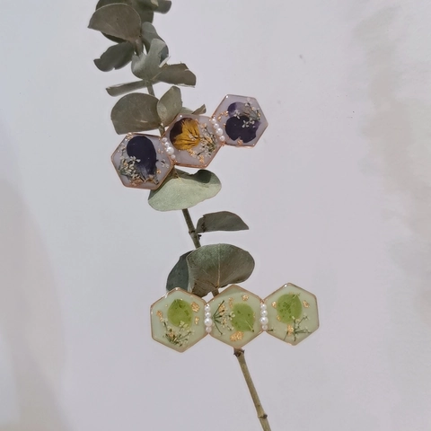Handmade Resin Dried Flower Hair Clip Hexagon Gold Foil Artificial Pearl Vintage Mori Style Hair Accessories For Women