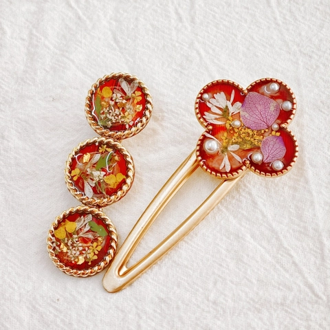 Pince à Cheveux Fleurs Séchées Faite Main pour Femmes Résine Trèfle Trois Cercles Vintage Alliage Clip Accessoires de Cheveux Bijoux Cadeau