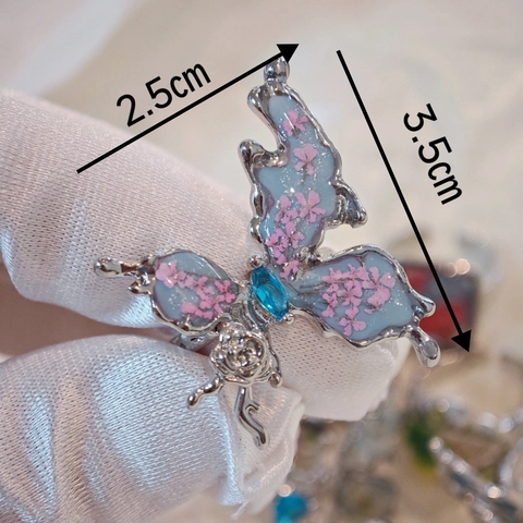 New Chinese Style Dried Flower Butterfly Ring Vintage Handmade Resin Real Flower Open Adjustable Ring Elegant Botanical Jewelry