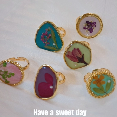 Handmade Morandi Color Real Dried Flower Resin Adjustable Open Ring For Women Vintage Chinese Style Gold Plated Alloy Finger Ring Jewelry