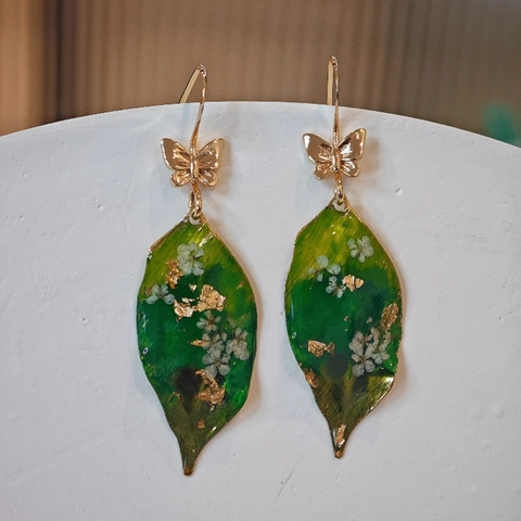 Orecchini Pendenti a Foglia in Resina Fatti a Mano con Fiori Secchi Stile Cinese Farfalla d'Oro con Foglia d'Oro Gioielli Eleganti per Donna