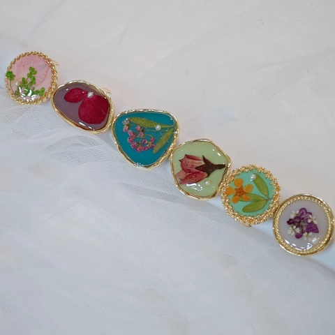 Handmade Morandi Color Real Dried Flower Resin Adjustable Open Ring For Women Vintage Chinese Style Gold Plated Alloy Finger Ring Jewelry