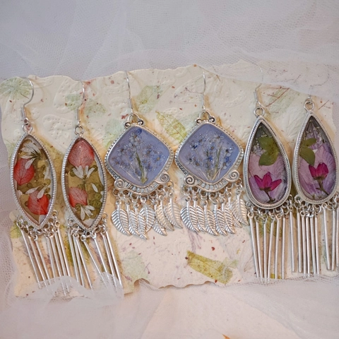 Bohemian Ethnic Tassel Drop Earrings Vintage Antique Silver Alloy Real Dried Flower Resin Handmade Earrings For Women Jewelry