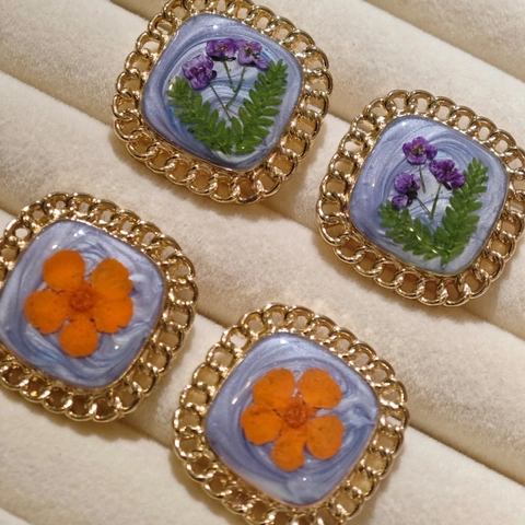 Vintage Handmade Dried Flower Resin Square Stud Earrings With 925 Sterling Silver Earring Post For Women Elegant Jewelry