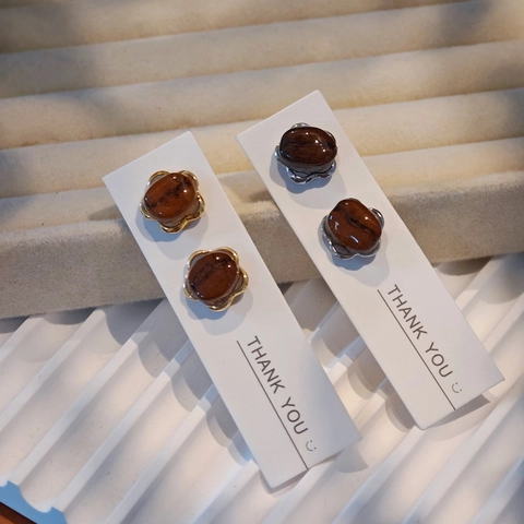 Creatieve Handgemaakte Koffieboon Oorknopjes Voor Vrouwen Retro Hars Bloem Koperen Basis Oorbellen Eigenzinnig Sieraden Goud Zilver