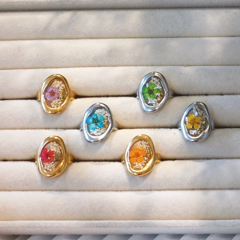 Handmade Real Dried Flower Stainless Steel Adjustable Ring Resin Floral Pastoral Style Nature Specimen Jewelry For Women