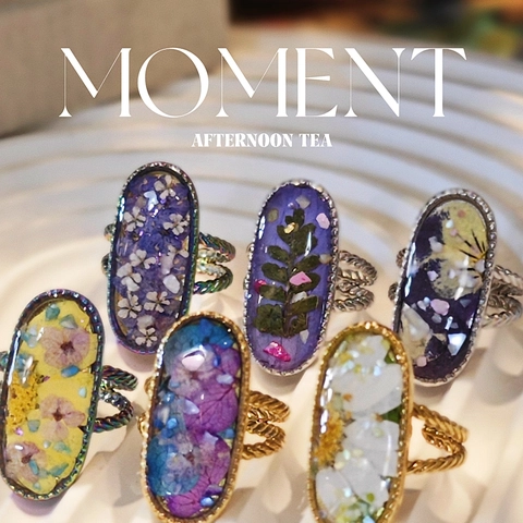 Handmade Stainless Steel Real Dried Flower Resin Ring Vintage Artistic Oval Adjustable Open Ring For Women Floral Jewelry