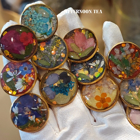Handmade Real Dried Flower Resin Ring Stainless Steel Open Adjustable Birthday Floral Ring For Women Jewelry Gift