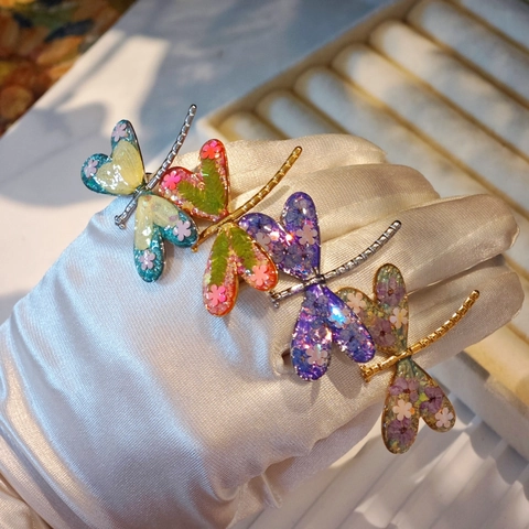 Vintage Stainless Steel Dragonfly Open Ring With Dried Flowers Resin Wings Glitter Adjustable Sweet Cool Insect Ring Jewelry For Women