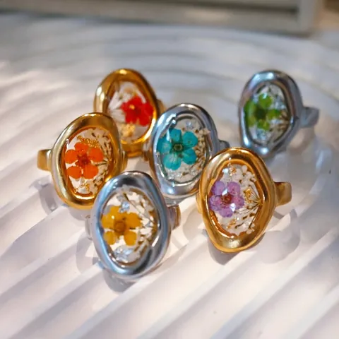 Handmade Real Dried Flower Stainless Steel Adjustable Ring Resin Floral Pastoral Style Nature Specimen Jewelry For Women