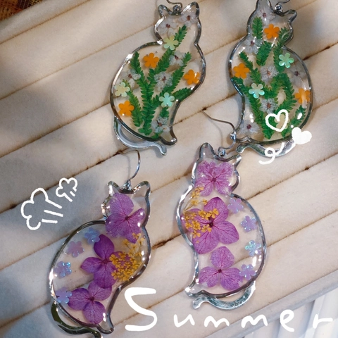 Handcrafted Cute Cat Shape Stainless Steel Earrings Necklace Real Dried Flower Resin Pendant Jewelry Set For Women Daily Wear